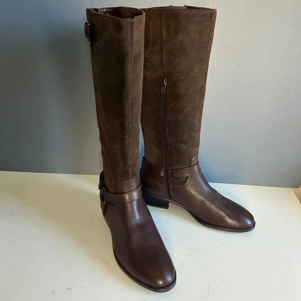 Lauren Ralph Lauren Tall Boots Size 8 Brown Suede Leather Riding Harness
